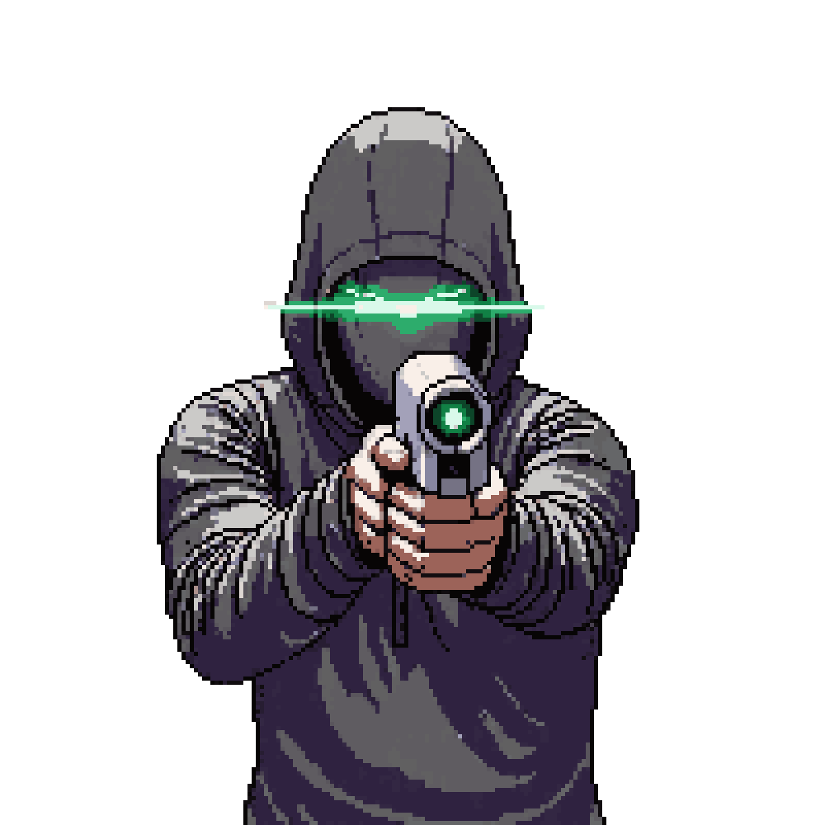 first person holding a laser gun pixel art