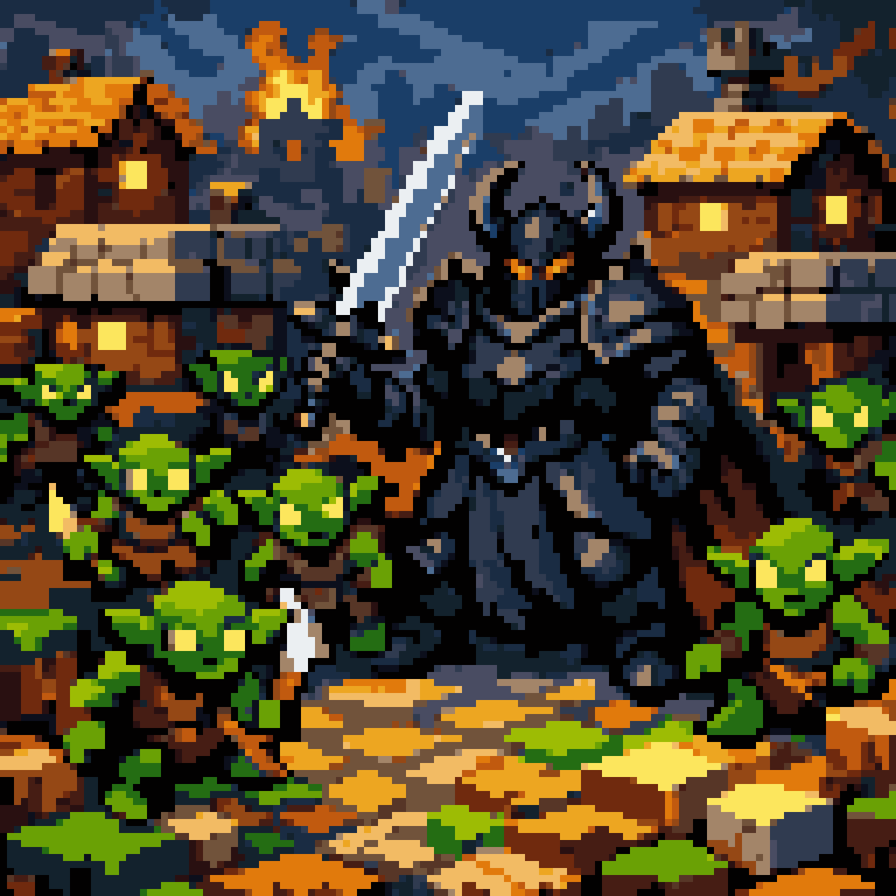 Dark overlord in village pixel art