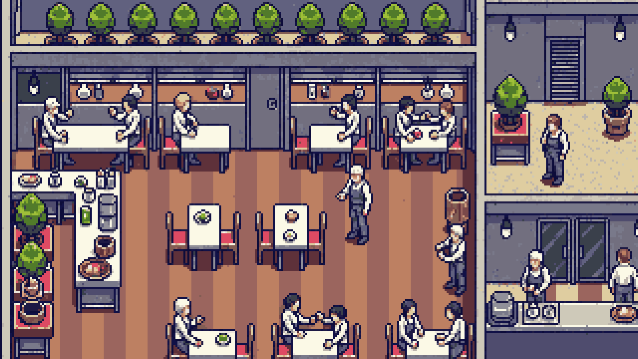 A restaurant is bustling with pixel art