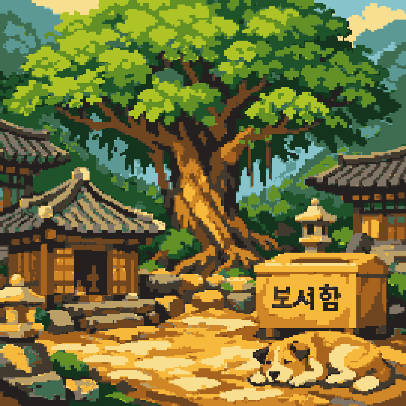 Korean temple background pixel art