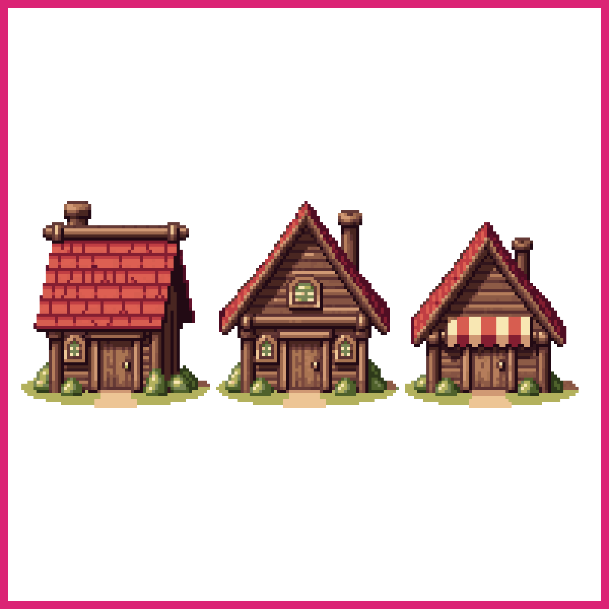 Front-facing pixel art row of medieval homes fo... | Sprite-AI