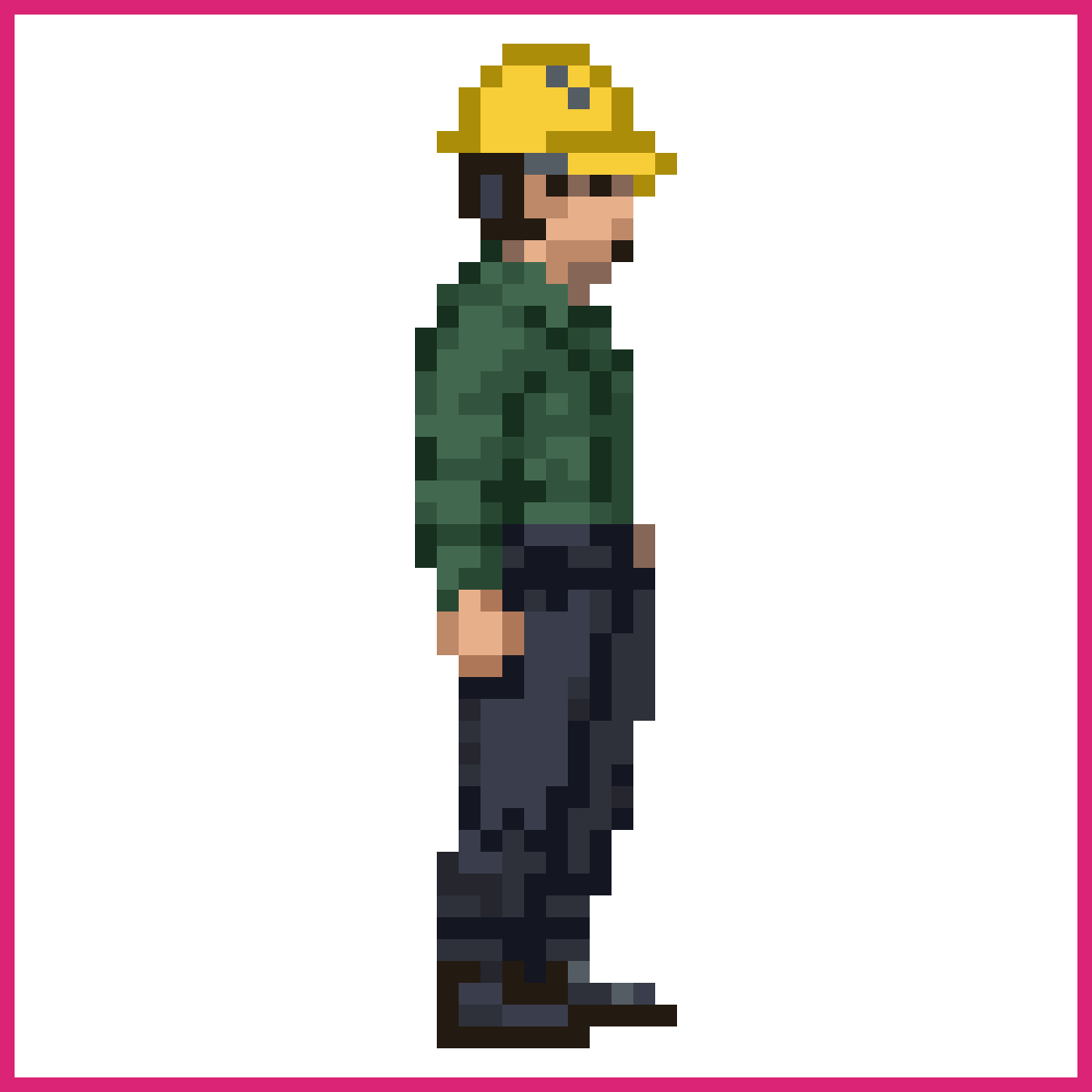 A miner in a green jacket and a yellow hard hat... | Sprite-AI
