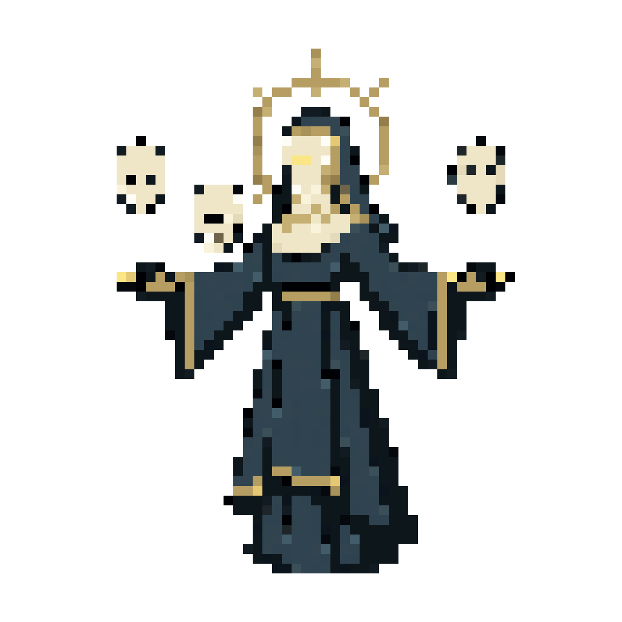 floating female entity, final boss for 2D side-scrolling platformer, 
imposing divine figure inspired by baroque and gothic religious art, 
false saint presence, unsettling calm authority, 

side view with slight frontal readability, centered floating posture, 
arms extended horizontally in a meditative or prayer-like pose, 
long layered robes flowing downward, forming a strong triangular silhouette, 

face completely covered by cloth or veils, no visible features, 
suggesting mystery and false divinity, 

three minimal floating masks orbiting slowly around her, 
simple white mask faces with clean shapes, 
one expressing sadness, one smiling, one neutral, 
very simplified, almost symbolic, 

strong readable silhouette, clear separation between body and masks, 
robes designed with large simple shapes, minimal folds, 
no intricate patterns, 

inspired by Darkside Detective simplicity combined with gothic themes, 
very simplified geometry, icon-like readability, minimal detail, 

limited color palette (pale ivory, muted gold accents, deep desaturated blues or purples), 
flat shading, no gradients, no textures, 

vector style, crisp edges, clear outline, 
designed for sprite sheet animation, modular elements (body + masks separate), 

side-scrolling boss composition, readable at small scale, 

dark fantasy melancholic atmosphere, 
false holiness, quiet horror, divine deception,  — 64×64 pixel art