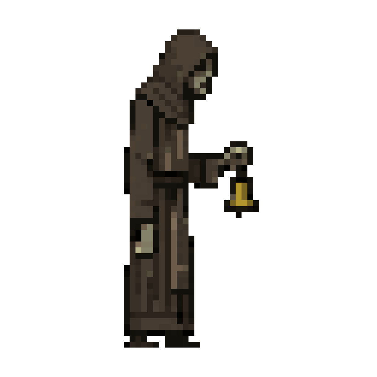 tall hollow bell bearer, side view enemy for 2D platformer, 
undead servant devoted to a false religious entity, 
acts as a watcher and controller of other hollow peasants, 

strong readable silhouette, tall and thin figure, 
slightly elongated body, rigid upright posture, 
one arm holding a simple hand bell, the other hanging still, 

head slightly lowered, face mostly hidden in shadow or cloth, 
minimal facial features, hollow presence, 

simple worn peasant robe but more uniform and structured than others, 
long vertical shapes, subtle religious cloth elements, 

bell design very simple, geometric, easy to read at small scale, 

inspired by Darkside Detective simplicity, 
very simplified shapes, clean geometry, icon-like design, 
minimal detail, no complex elements, 

limited color palette (muted browns, desaturated grays, pale skin tones, 
slight dull gold or bronze for the bell), 
flat shading, no gradients, no textures, 

vector style, crisp edges, clear outline, 
designed for sprite sheet animation, separable arm and bell, 

side scrolling view, perfect profile orientation, 

dark fantasy melancholic atmosphere, 
quiet authority, subtle threat, religious control presence — 64×64 pixel art