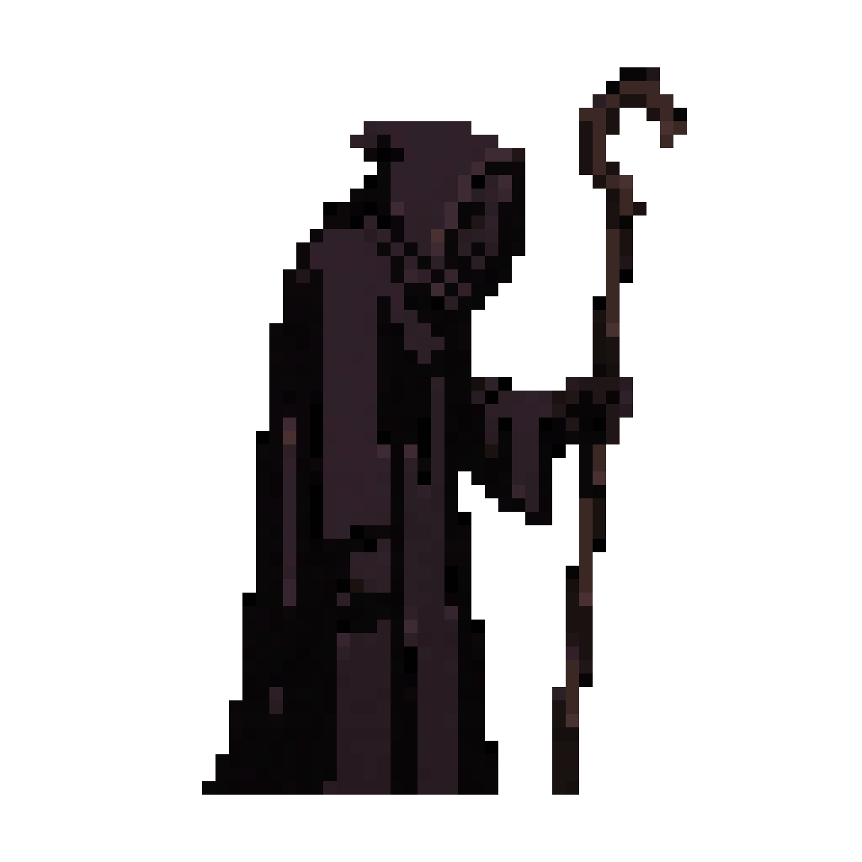 twisted dark priest, elite enemy / mini boss for 2D side-scrolling platformer, 
religious figure devoted to a false miracle entity, 
calm but oppressive presence, 

strong readable silhouette, tall figure covered بالكامل in long robe, 
face completely hidden by deep hood or layered cloth, no visible features, 
slightly hunched but controlled posture, 

holding a long staff taller than the body, 
staff tip shaped like twisted organic root, irregular but simplified shape, 
root design readable and not overly detailed, 

robe designed with large simple shapes, heavy vertical flow, 
minimal folds, no intricate decoration, 
subtle asymmetry to suggest corruption, 

inspired by Darkside Detective simplicity with dark gothic tone, 
very simplified geometry, icon-like readability, minimal detail, 

limited color palette (deep desaturated purples, dark browns, near-black shadows, 
subtle sickly pale accents, muted organic tones for the staff), 
flat shading, no gradients, no textures, 

vector style, crisp edges, clear outline, 
designed for sprite sheet animation, staff and body separable, 

side view, perfect profile orientation, readable at small scale, 

dark fantasy melancholic atmosphere, 
unnatural faith, quiet menace, corrupted divinity — 64×64 pixel art