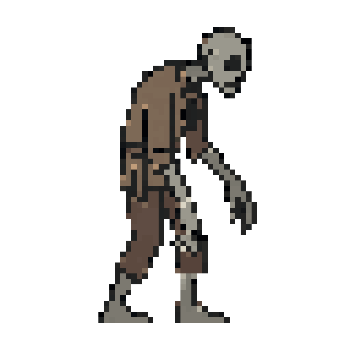 twisted undead farmer, side view enemy for 2D platformer, 
reanimated peasant bound to a mysterious religious figure, 
emotionless and hollow presence, no individuality, 

strong readable silhouette, slightly slouched posture, stiff unnatural stance, 
thin body, elongated limbs, subtle asymmetry, 
head slightly tilted or lowered, suggesting submission, 

simple worn peasant clothes, loose shirt, old pants, rope belt, 
minimal religious hint (small symbol, pendant or cloth mark), 

face mostly blank, hollow eyes or dark empty sockets, 
minimal facial features, no expression, lifeless gaze, 

inspired by Darkside Detective simplicity, 
very simplified shapes, clean geometry, almost icon-like, 
minimal detail, no complex elements, 

limited color palette (desaturated browns, dirty beige, pale gray skin, subtle dark red accents), 
flat shading, no gradients, no textures, 

vector style, crisp edges, clear outline, high readability, 
designed for sprite sheet animation, separable limbs, 

side scrolling view, perfect profile orientation, 

dark fantasy melancholic and unsettling mood, 
quiet horror, sense of loss and control,  — 64×64 pixel art