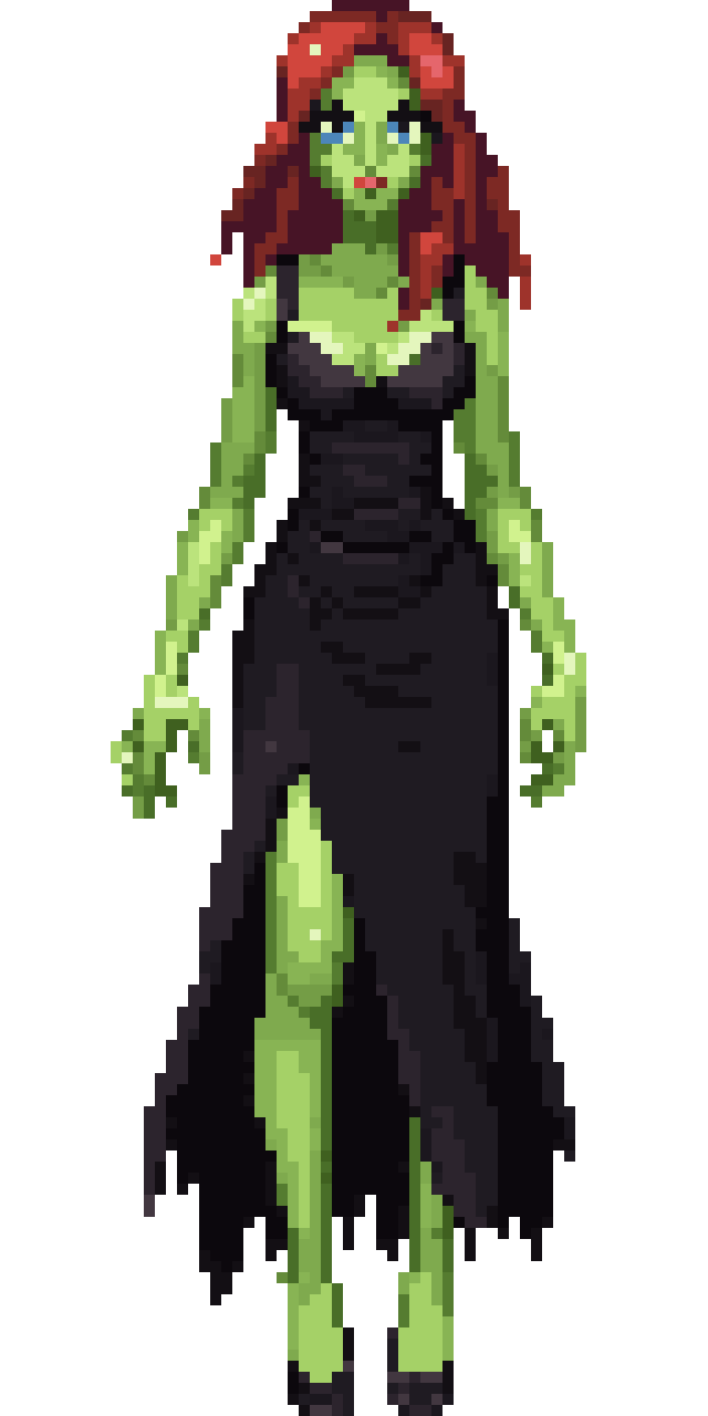 full body sexy green witch with red hair pixel art