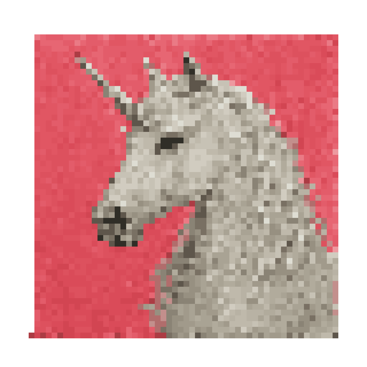 Make a painting of a unicorn white... and make the background of the painting pink...  — 64×64 pixel art