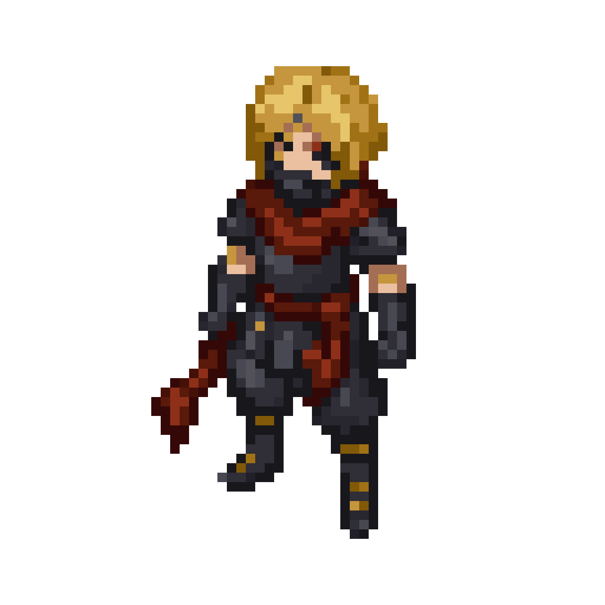 ninja with red scarf in dark fantasy pixel art