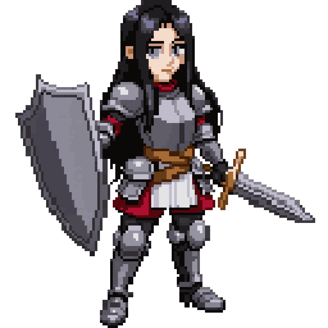 female knight，young beautiful girl，heavy armor，long pixel art