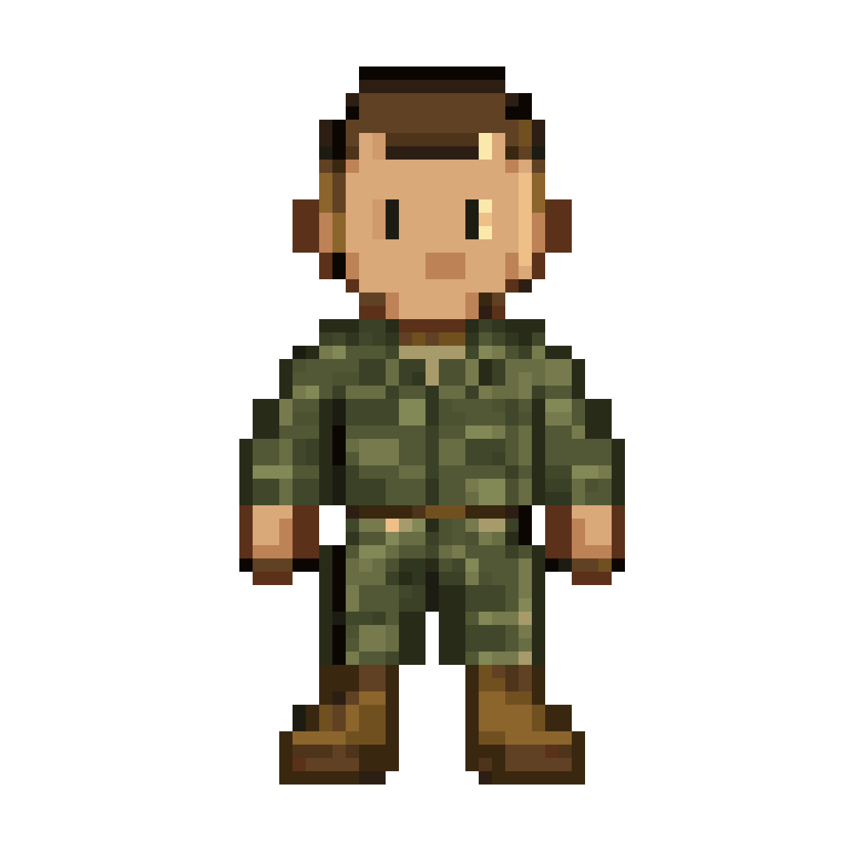 Pixel art sprite, 64x64, full body, centered character, transparent background.

Subject: Air Force airman wearing OCP uniform and boots. Haircut is "high and tight" (short faded sides, slightly longer top).

Style: clean pixel art, sharp edges, no blur, no anti-aliasing, no gradients, no outlines thicker than 1px. Consistent lighting from top-left. High readability at small scale.

Pose: neutral standing pose, facing forward, arms slightly away from body, legs slightly apart.

Details:
- Visible OCP camouflage pattern simplified for pixel art
- Boots clearly defined with sole and highlight
- Belt visible at waist
- Minimal facial features (eyes + mouth only)
- No unnecessary micro-details

Color palette (STRICT — do not add colors):
Skin: #d4a882, #b88a68, #e4c0a0, #986858  
Hair: #3a2a1a, #4a3828, #2a1e12  
Uniform (OCP): #6b7353, #5c6445, #7a8460, #8a9470  
Collar: #c4b99a  
Belt: #6a5238, #8a7248  
Boots: #8b6f47, #a08050, #6a5030  
Eyes: #1a1a2e  

Constraints:
- No extra colors
- No background
- No text
- No shadows outside sprite
- Keep proportions consistent with 64x64 sprite

Output: single frame sprite, ready for sprite sheet. — 64×64 pixel art
