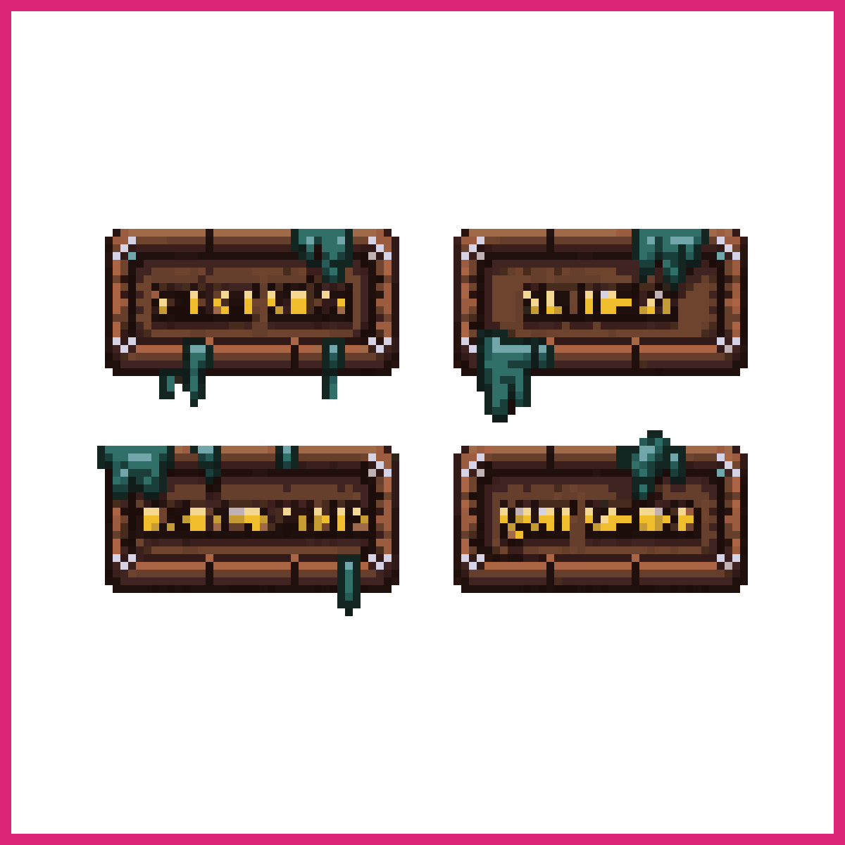 four square buttons in a menu UI with a rusty m... | Sprite-AI