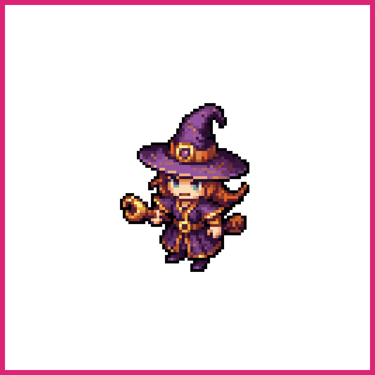 witch, purple and gold, floating, pixel art, 12... | Sprite-AI