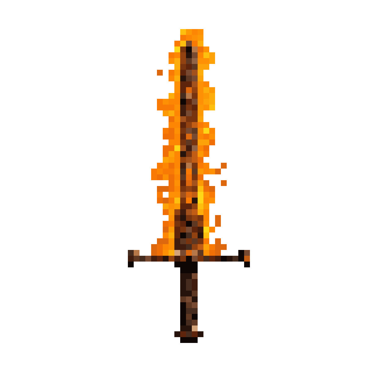 A weathered medieval longsword engulfed in ethereal orange flames, with a bright orange glow surrounding the blade. The sword's metal is heavily rusted and corroded, showing dark reddish-brown oxidation and pitting across the surface. The hilt is old and worn, with tattered leather wrapping and aged brass fittings. The flames dance and flicker along the blade despite its ancient, deteriorated condition, creating a striking contrast between the vibrant orange fire and the dull, rust-covered steel. Dramatic lighting, cinematic style, atmospheric fog. — 64×64 pixel art
