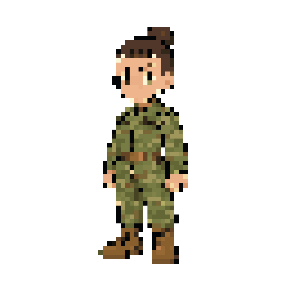 Make it like like pokemon nintendo character: Air force airman (woman) in OCPs and boots. Hair is high and tight.COLOR PALETTE (13 colors):
Skin: #d4a882 (base), #b88a68 (shadow), #e4c0a0 (highlight), #986858 (mouth)
Hair: #3a2a1a (main), #4a3828 (mid-tone), #2a1e12 (darkest/fade sides)
OCP Uniform: #6b7353 (base), #5c6445 (dark/shadow), #7a8460 (light/highlight), #8a9470 (name tape)
Collar: #c4b99a
Belt: #6a5238 (leather), #8a7248 (buckle)
Boots: #8b6f47 (base), #a08050 (top highlight), #6a5030 (sole dark)
Eyes: #1a1a2e (dark navy)
Background: #0a0e14 — 64×64 pixel art