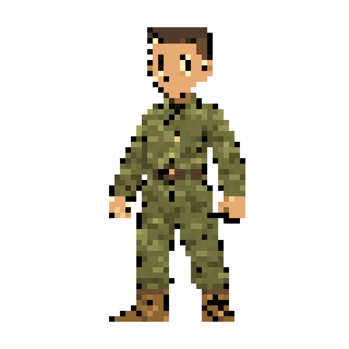 Make it like like pokemon nintendo character: Air force airman (woman) in OCPs and boots. Hair is high and tight.COLOR PALETTE (13 colors):
Skin: #d4a882 (base), #b88a68 (shadow), #e4c0a0 (highlight), #986858 (mouth)
Hair: #3a2a1a (main), #4a3828 (mid-tone), #2a1e12 (darkest/fade sides)
OCP Uniform: #6b7353 (base), #5c6445 (dark/shadow), #7a8460 (light/highlight), #8a9470 (name tape)
Collar: #c4b99a
Belt: #6a5238 (leather), #8a7248 (buckle)
Boots: #8b6f47 (base), #a08050 (top highlight), #6a5030 (sole dark)
Eyes: #1a1a2e (dark navy)
Background: #0a0e14 — 64×64 pixel art