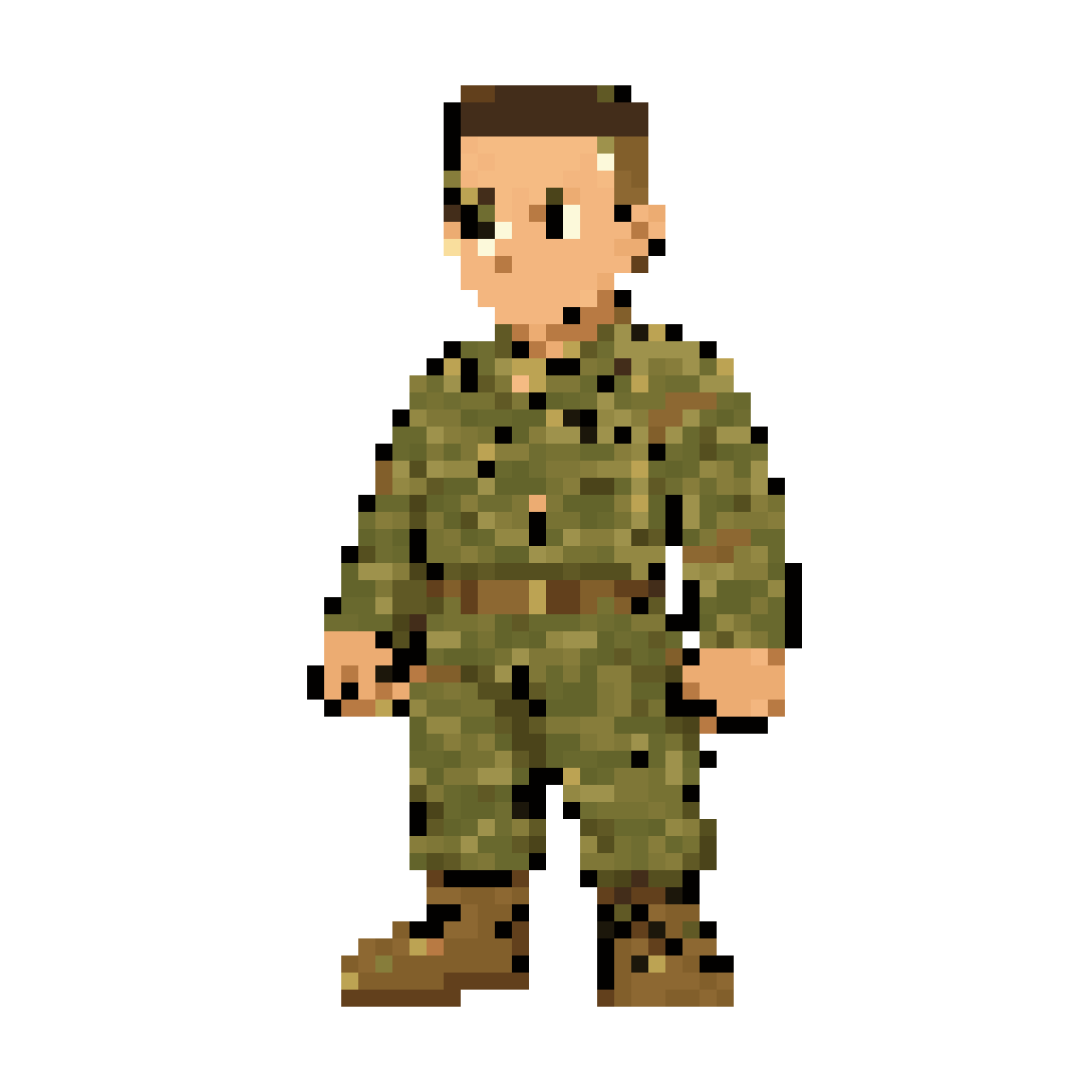 Make it like like pokemon nintendo character: Air force airman in OCPs and boots. Hair is high and tight.COLOR PALETTE (13 colors):
Skin: #d4a882 (base), #b88a68 (shadow), #e4c0a0 (highlight), #986858 (mouth)
Hair: #3a2a1a (main), #4a3828 (mid-tone), #2a1e12 (darkest/fade sides)
OCP Uniform: #6b7353 (base), #5c6445 (dark/shadow), #7a8460 (light/highlight), #8a9470 (name tape)
Collar: #c4b99a
Belt: #6a5238 (leather), #8a7248 (buckle)
Boots: #8b6f47 (base), #a08050 (top highlight), #6a5030 (sole dark)
Eyes: #1a1a2e (dark navy)
Background: #0a0e14 — 64×64 pixel art