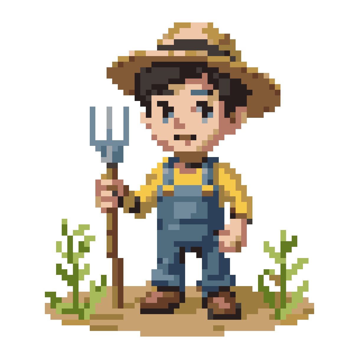 Farmer with Pitchfork in Field pixel art