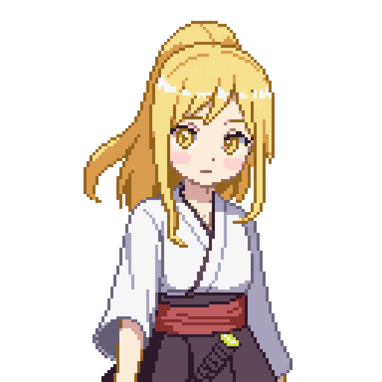 young female with yellow ponytail holding sword pixel art