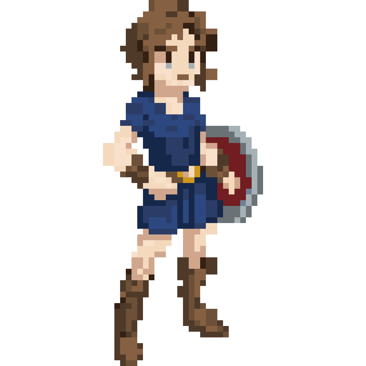 Isometric character with shield pixel art