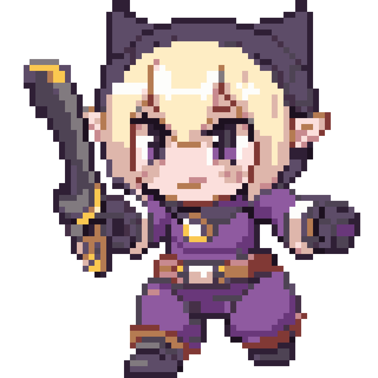 头部 巫师帽：深褐色皮帽，帽尖略微下垂，帽檐上有一个黄铜齿轮徽章（2x2像素的金色齿轮） 护目镜：黄铜边框，镜片是淡紫色（魔法元素），总是推在额头上 面部：只露出下半张脸，嘴角带着一丝自信的微笑（3像素的弧线） 发型：帽檐下露出几缕红铜色的卷发（因为魔法辐射导致的发色变异） pixel art