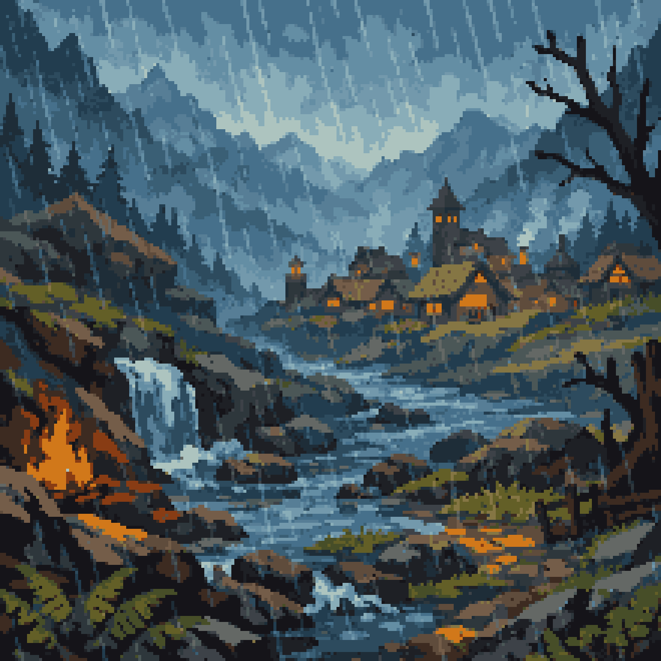 Skyrim-like rainy landscape with village pixel art
