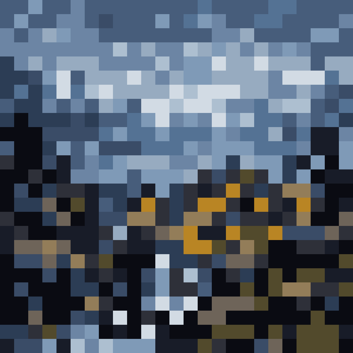 Skyrim-like rainy landscape with village pixel art